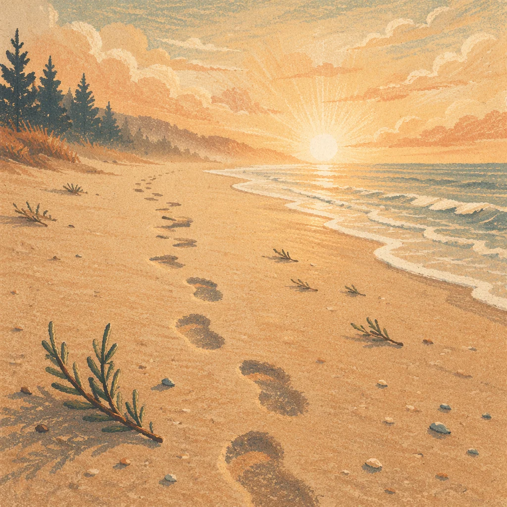 Footprints in Sunrise Sand with Evergreen Hope