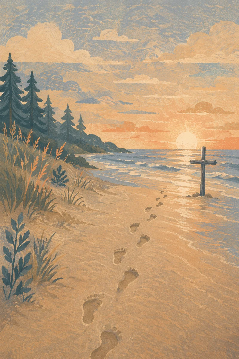 Footprints Toward Driftwood Cross at Sunrise