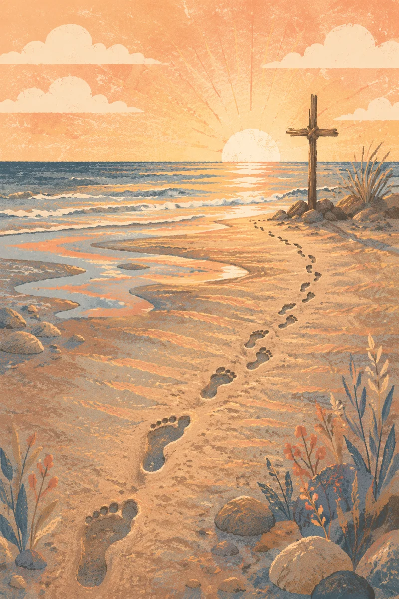Footprints Toward Driftwood Cross at Sunrise