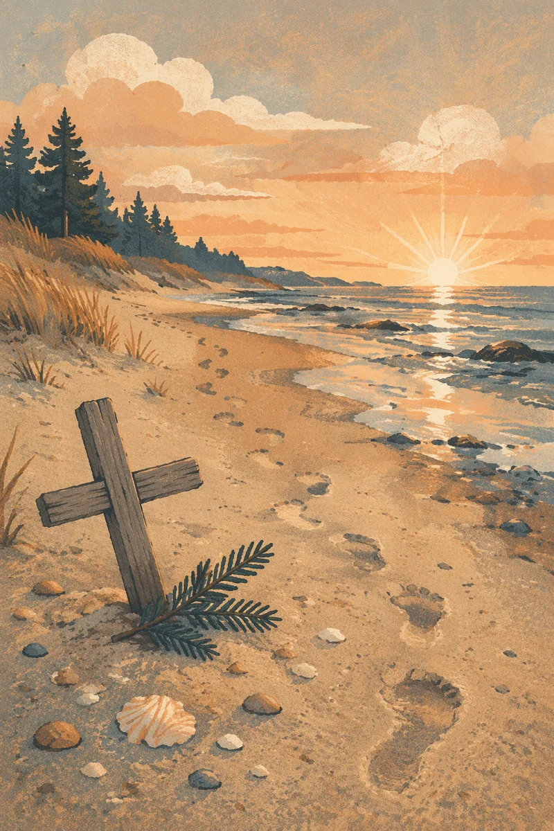 Footprints Toward Sunrise with Driftwood Cross