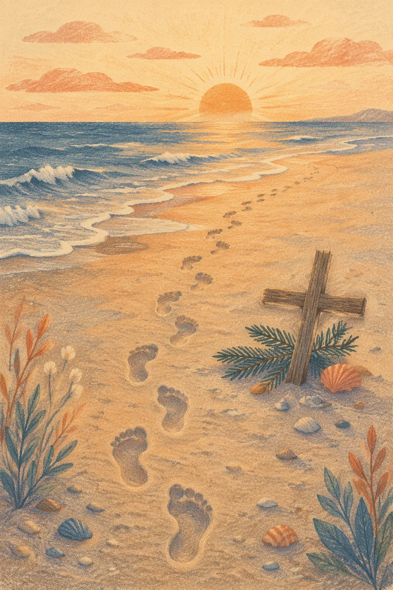 Footprints Toward Cross at Beach Sunrise