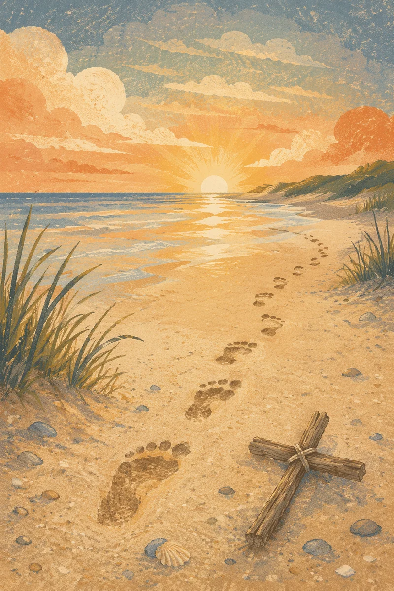 Footprints Toward Sunrise Beside Driftwood Cross