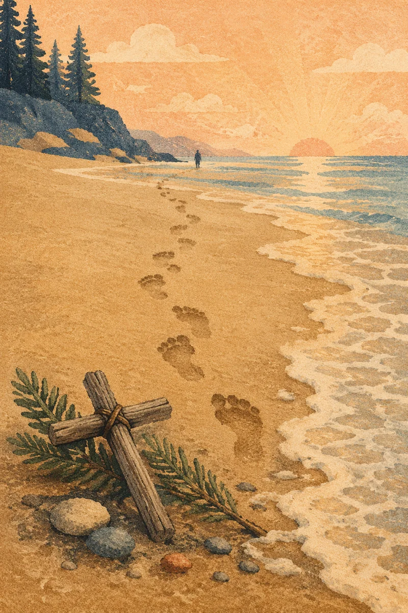Footprints Toward Sunrise with Driftwood Cross