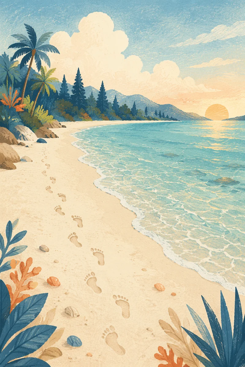 Footprints in Sand at Peaceful Sunrise