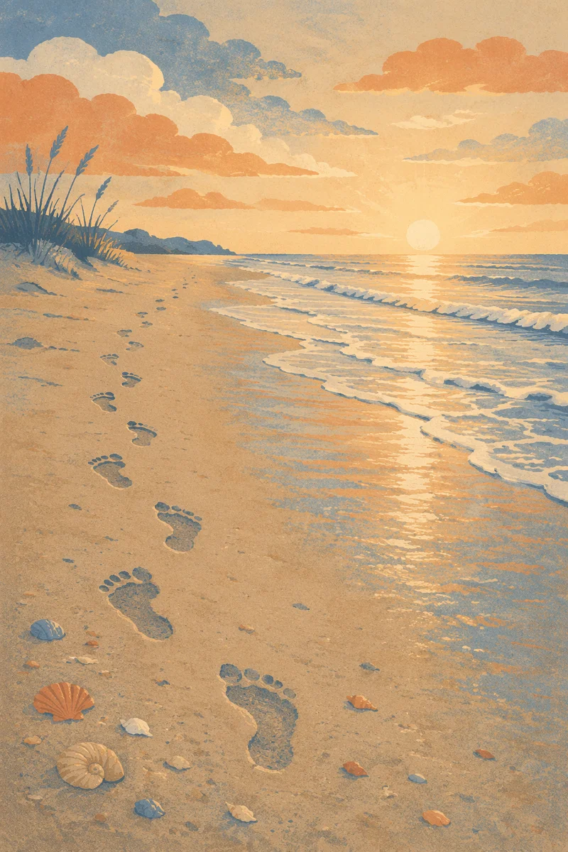 Sunrise Footprints Across Peaceful Sandy Shore