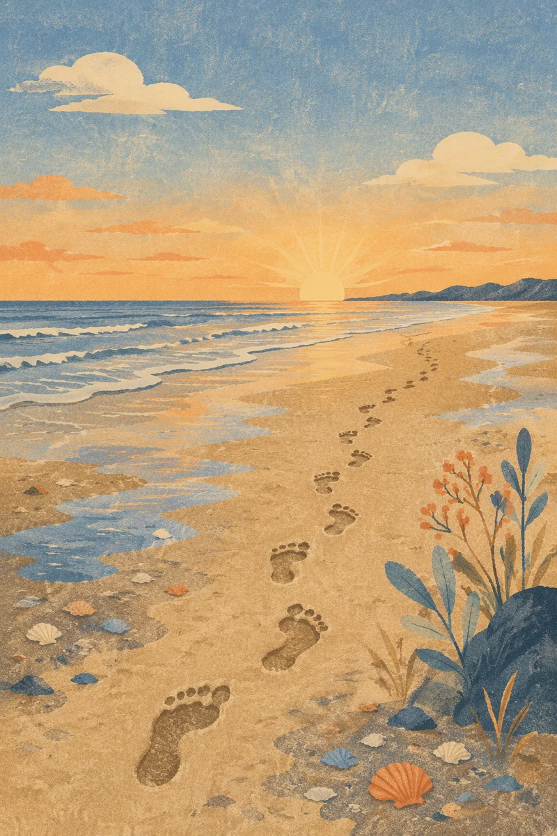 Footprints on Sandy Beach at Sunrise