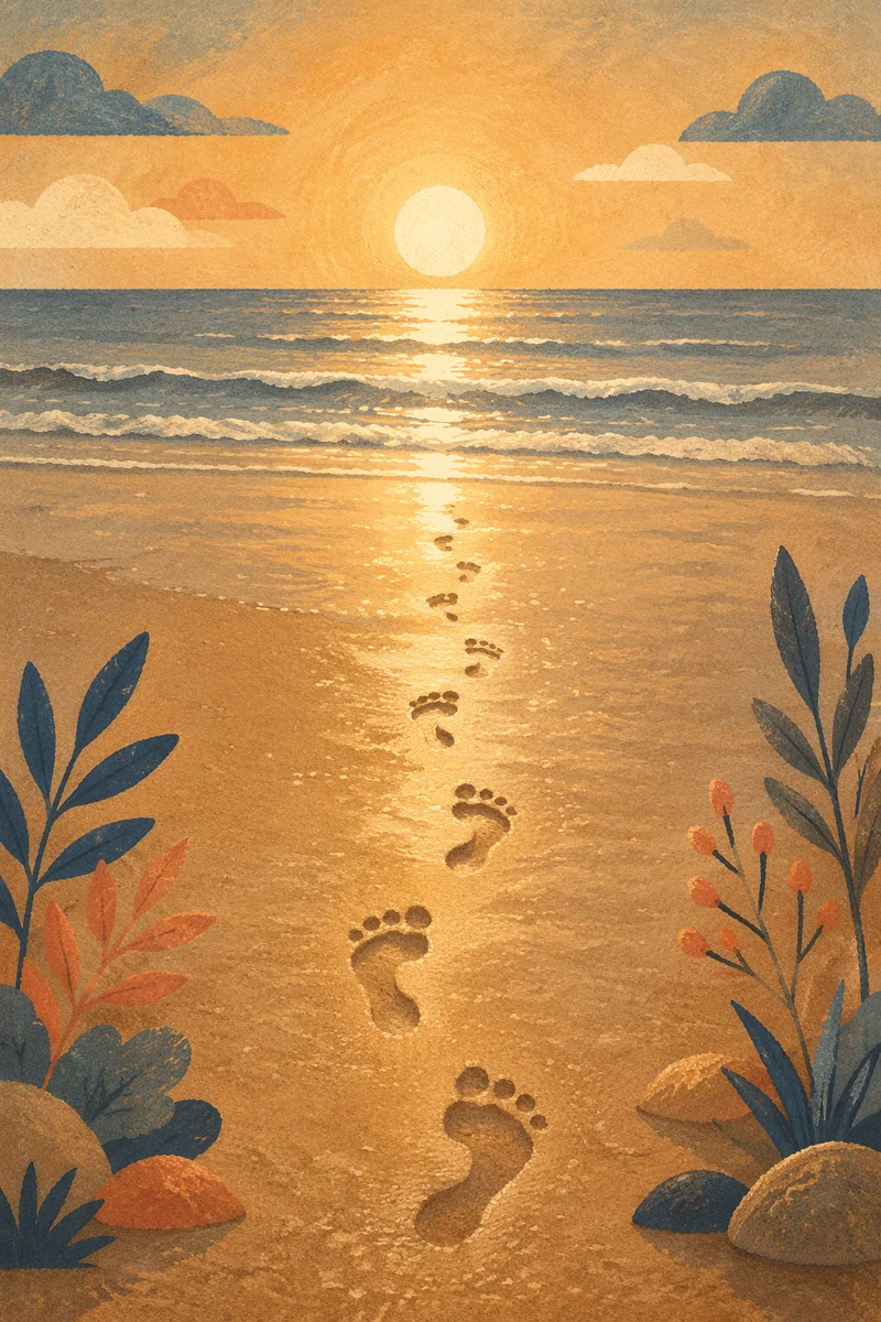 Footprints in Wet Sand at Sunrise