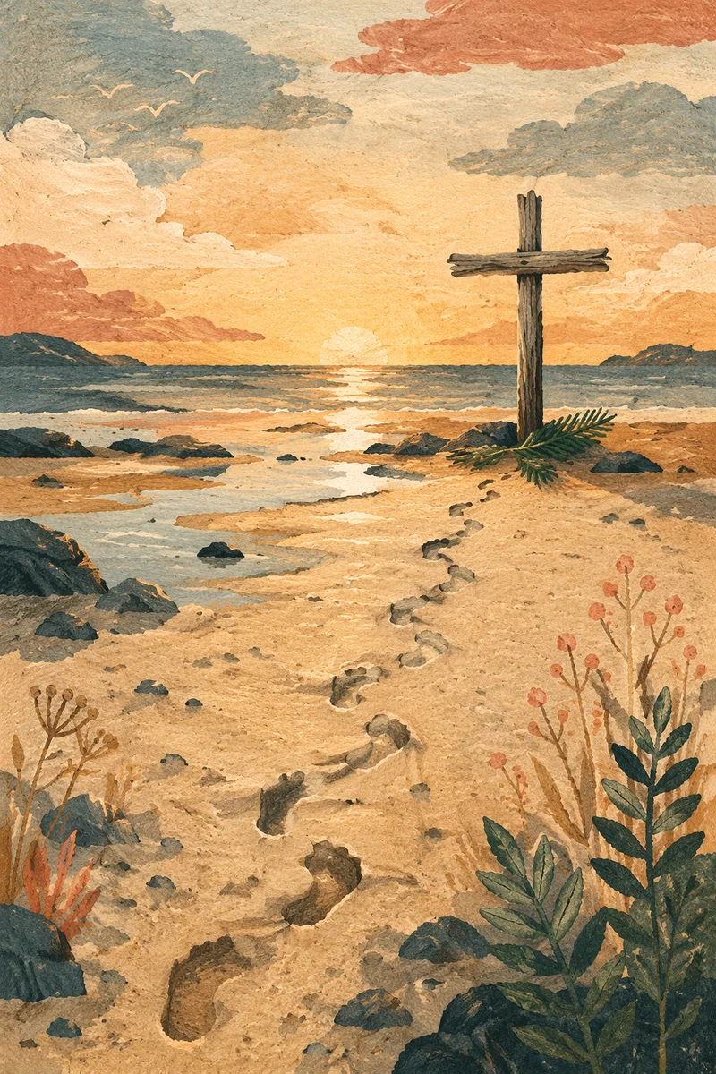 Footprints Leading to Driftwood Cross at Sunrise