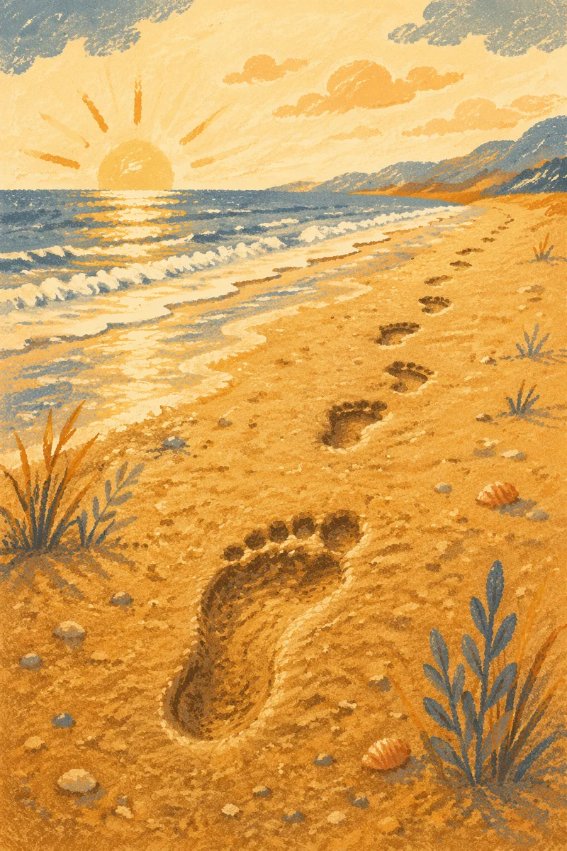 Footprints in Golden Sand at Sunrise