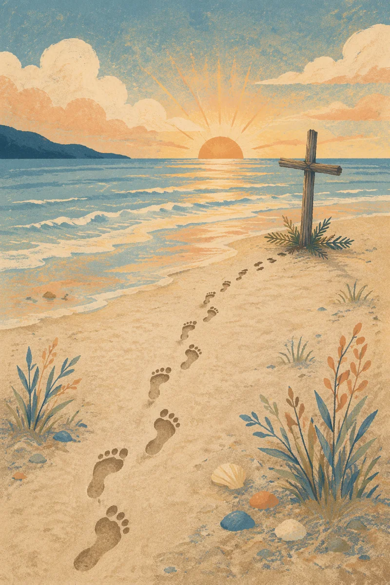 Footprints Toward Driftwood Cross at Sunrise