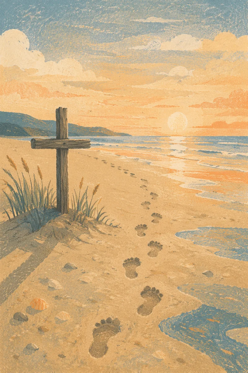 Footprints Toward Sunrise by Driftwood Cross