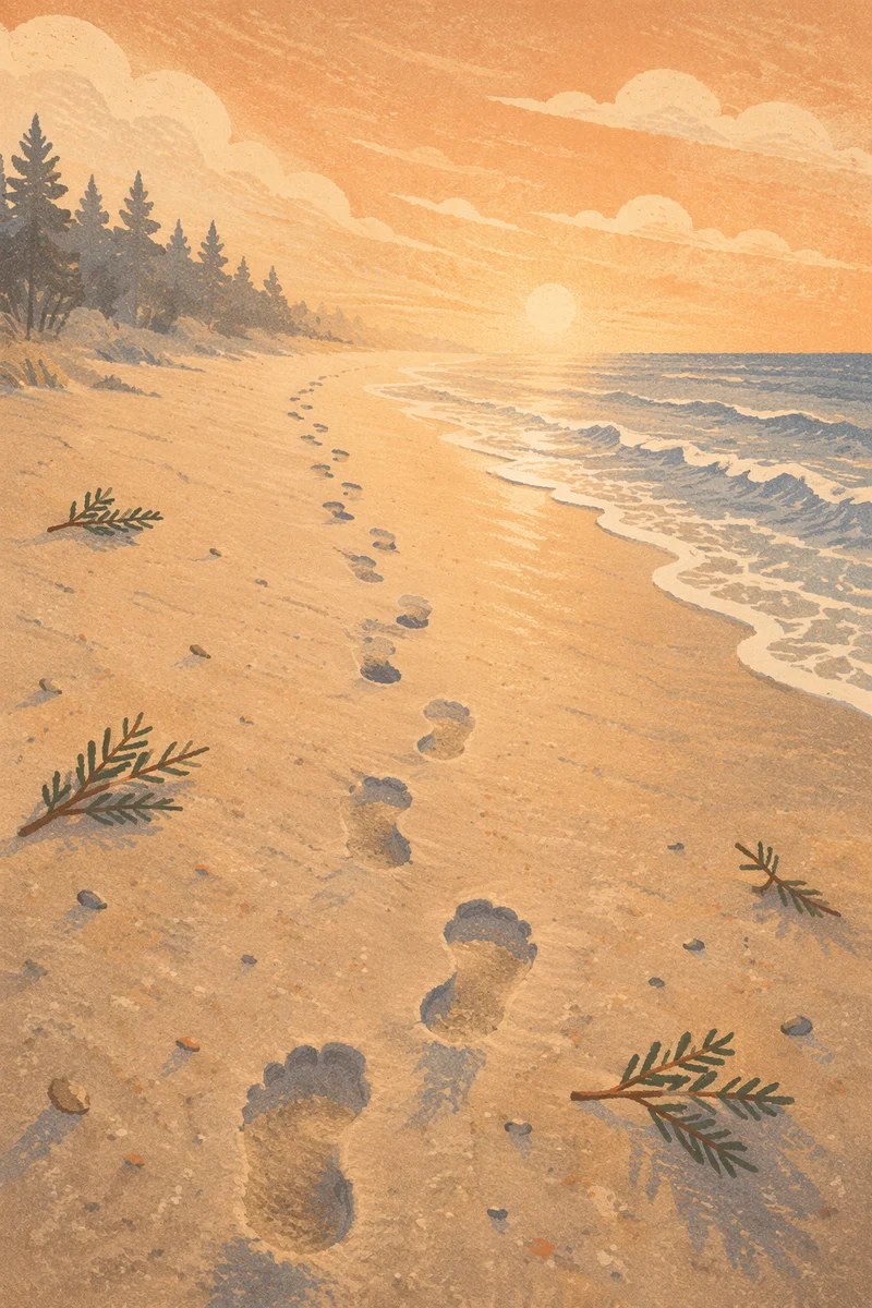 Footprints in Sand at Peaceful Beach Sunrise
