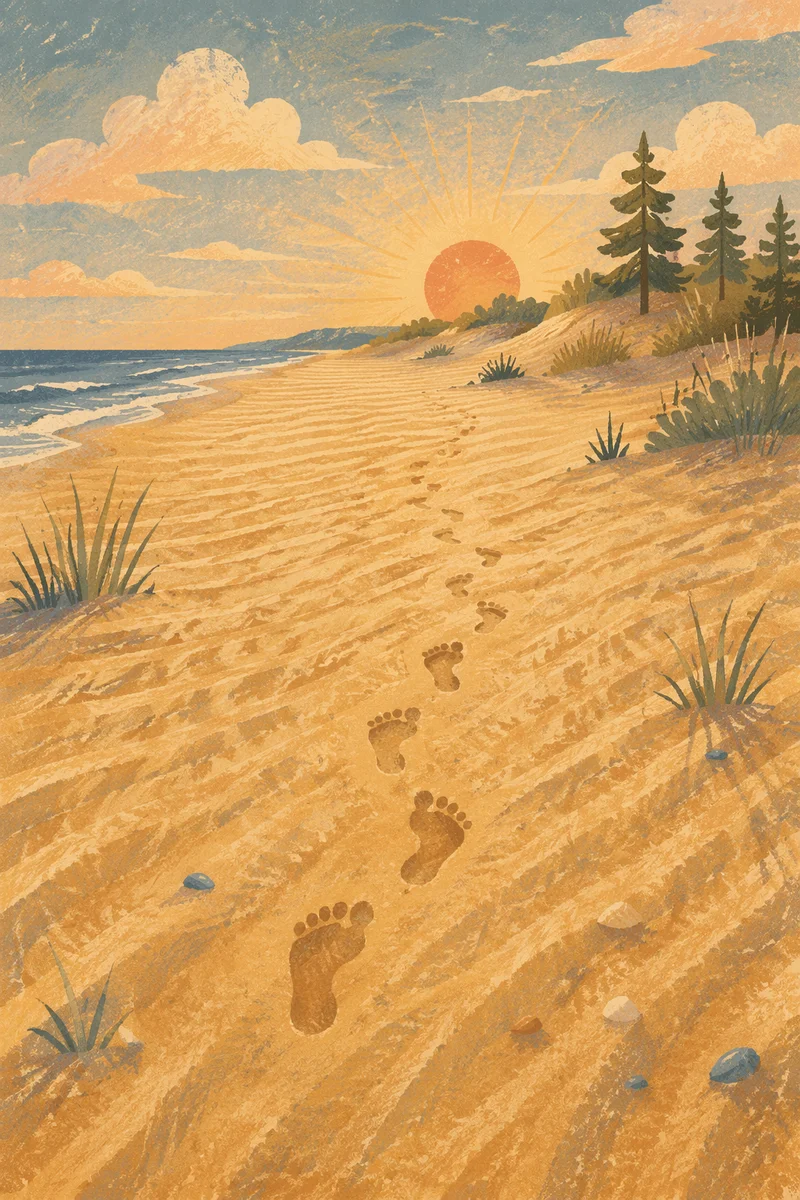 Footprints Toward Sunrise on Quiet Beach
