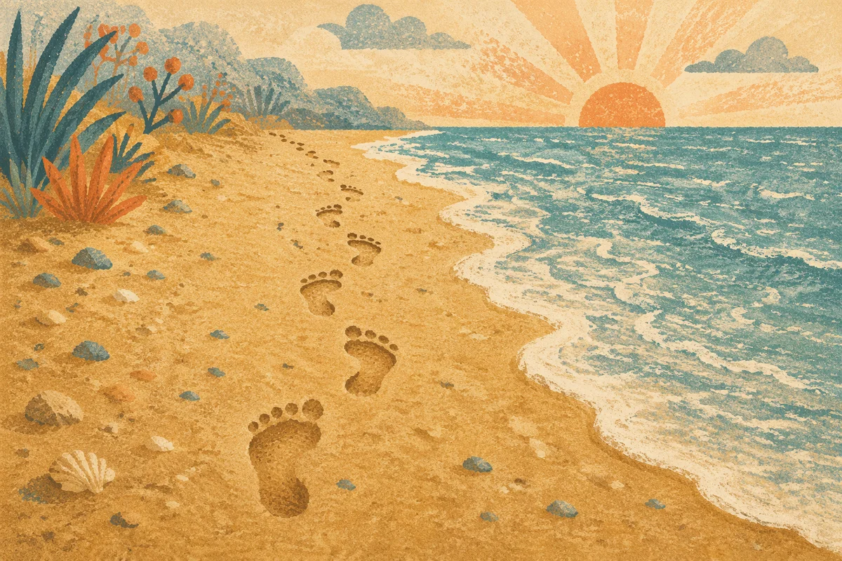 Footprints in Golden Sand at Sunrise