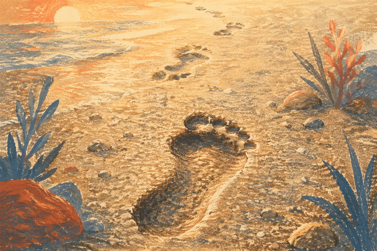 Sunrise Footprints in Damp Beach Sand
