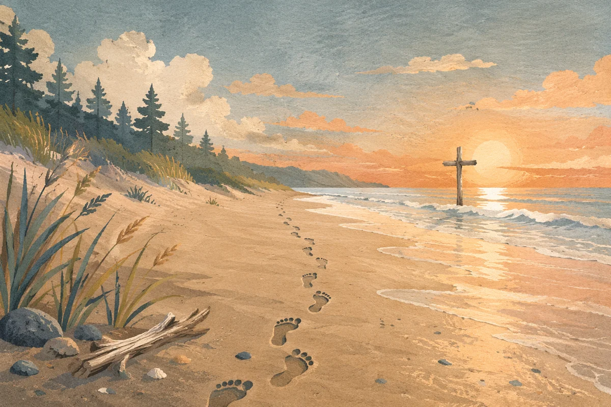 Footprints Toward Cross at Beach Sunrise
