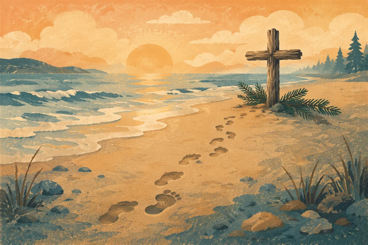 Footprints to Driftwood Cross at Sunrise