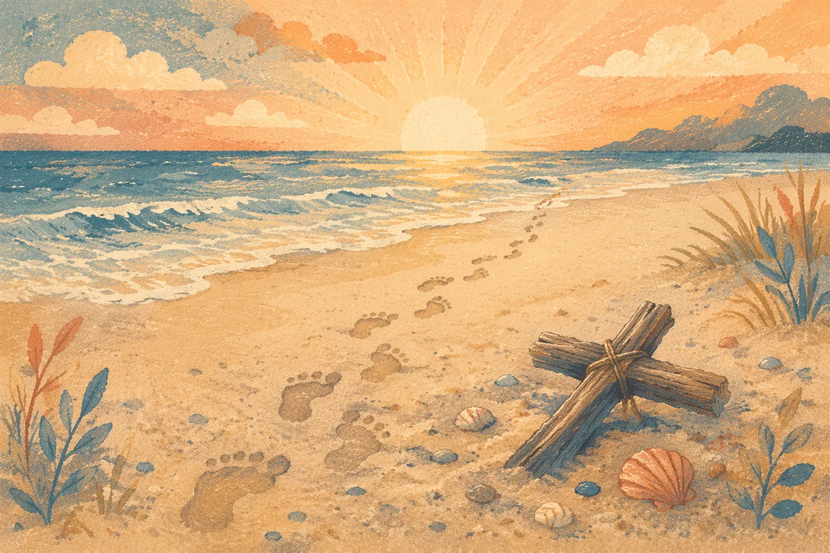 Footprints and Driftwood Cross at Sunrise