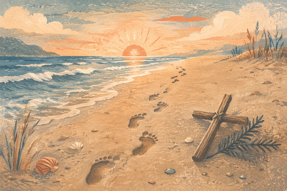 Footprints Leading to Driftwood Cross at Sunrise