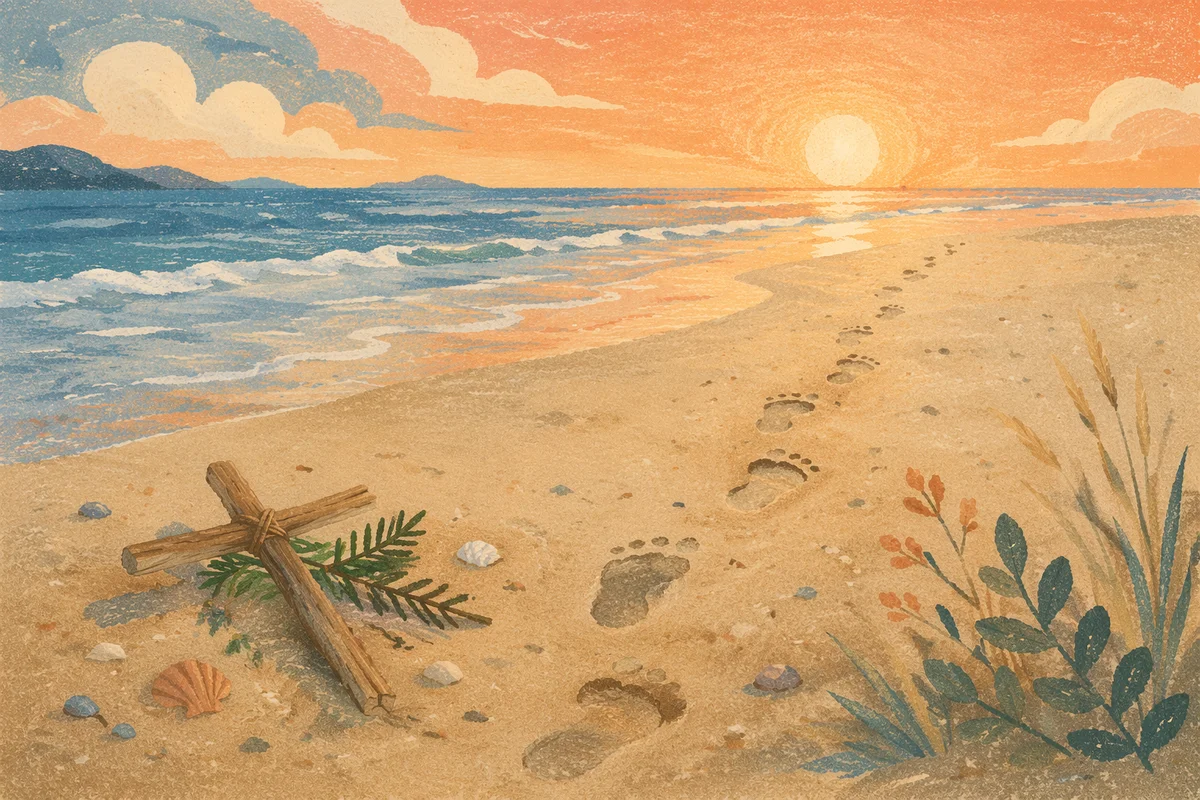 Footprints Toward Sunrise with Driftwood Cross