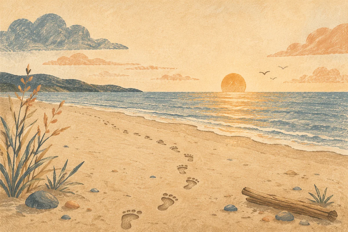 Footprints on Sandy Beach at Sunrise