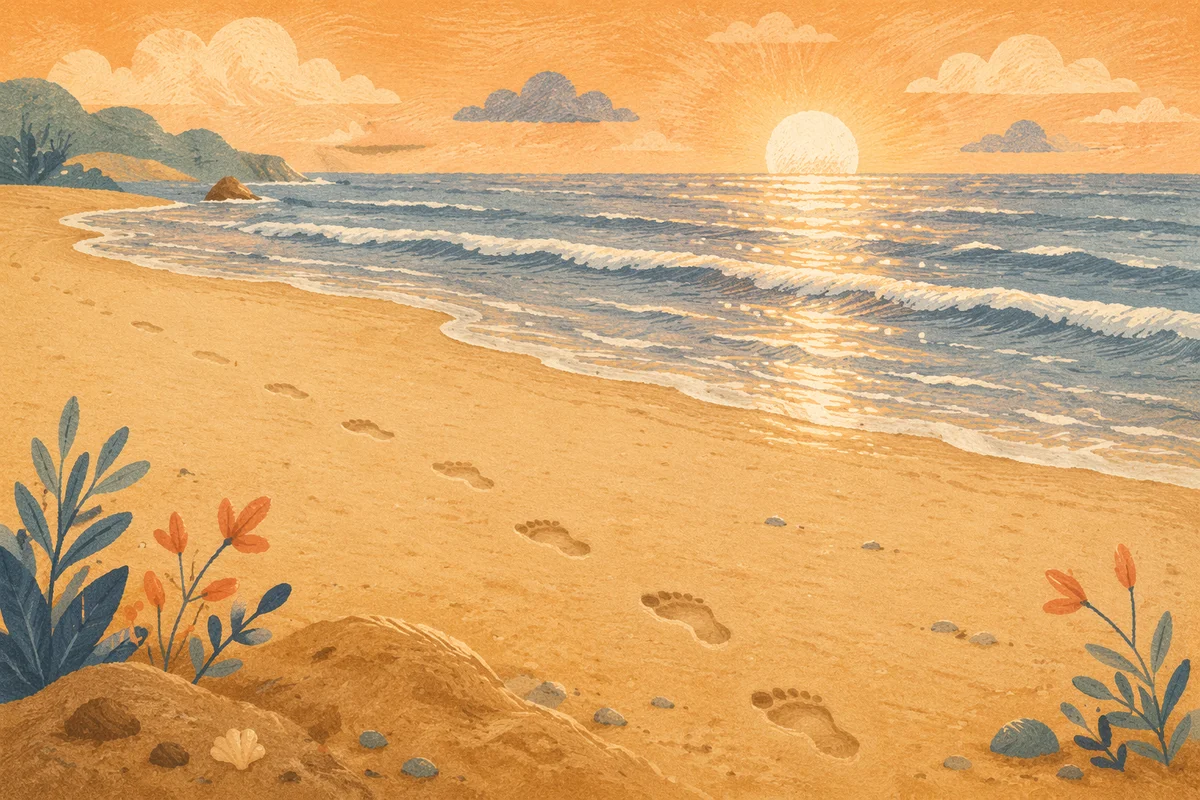 Footprints in Wet Sand at Sunrise