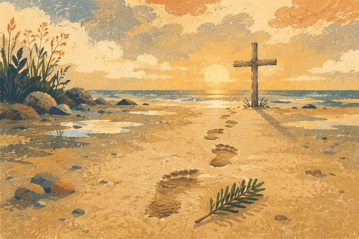 Footprints Leading to Driftwood Cross at Sunrise