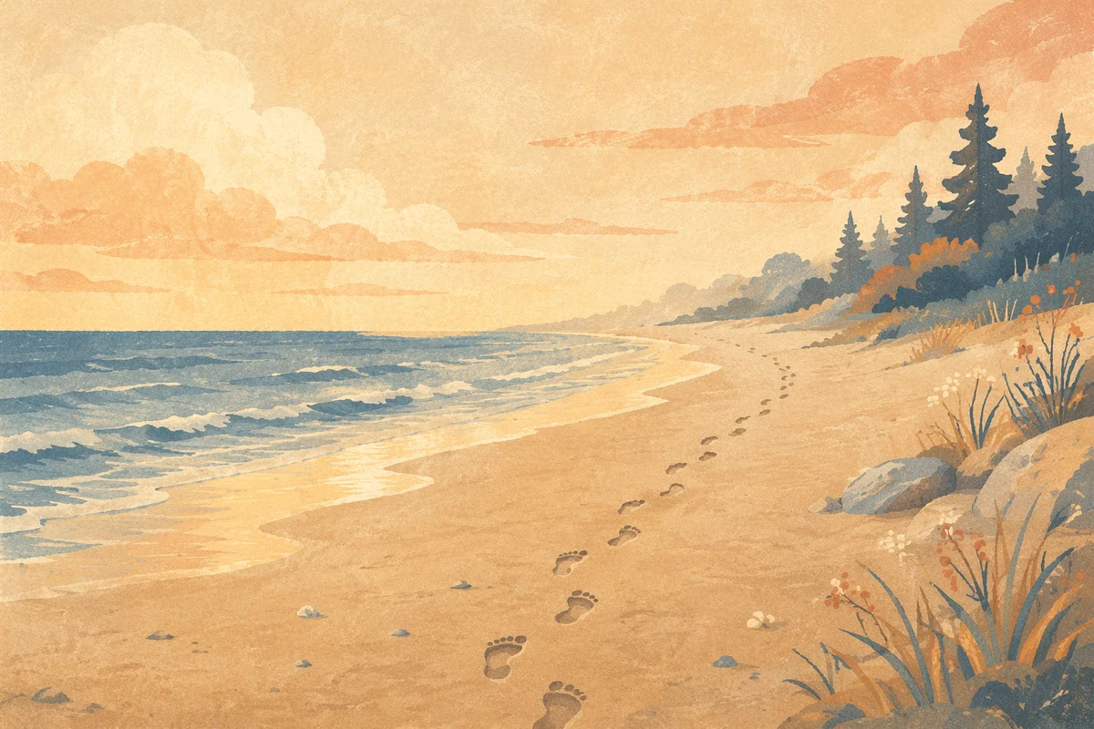 Footprints on Sunrise Beach with Evergreens