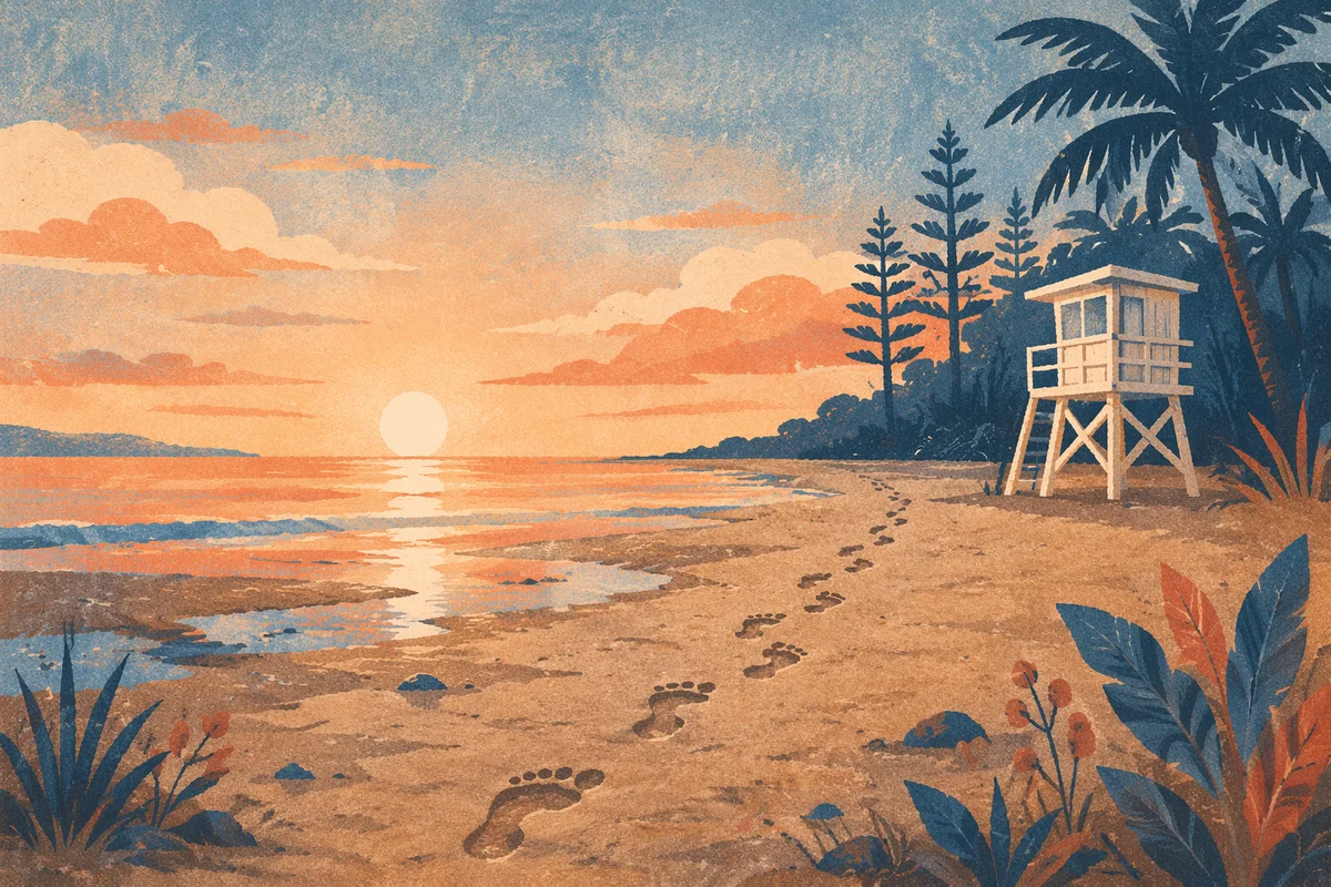 Footprints Toward Sunrise on Peaceful Beach