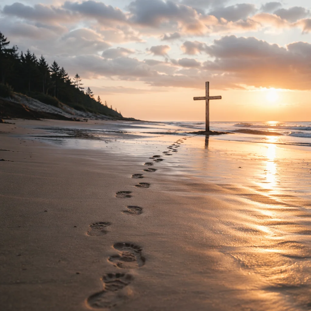 Footprints Leading to Cross at Sunrise