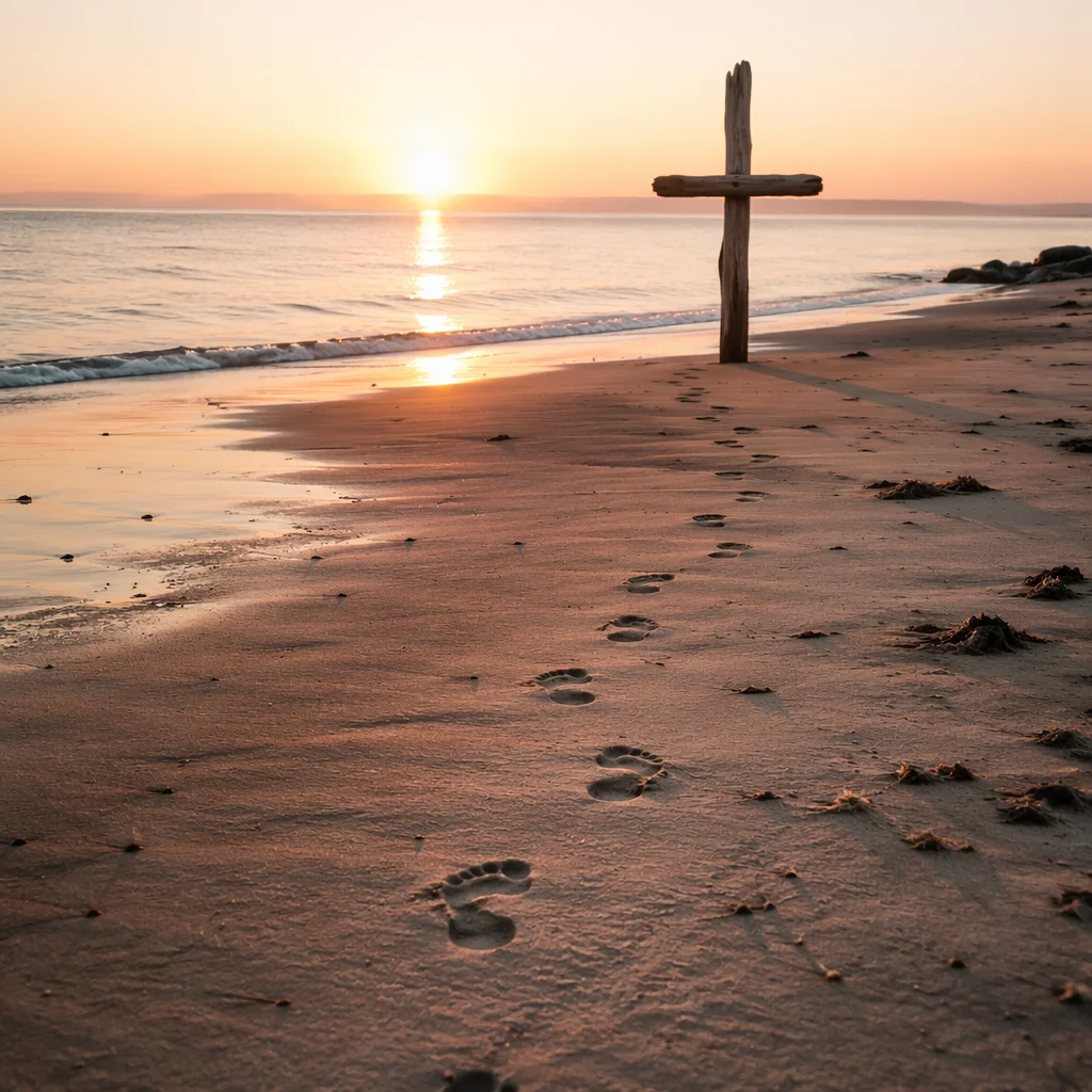Footprints Toward Driftwood Cross at Sunrise