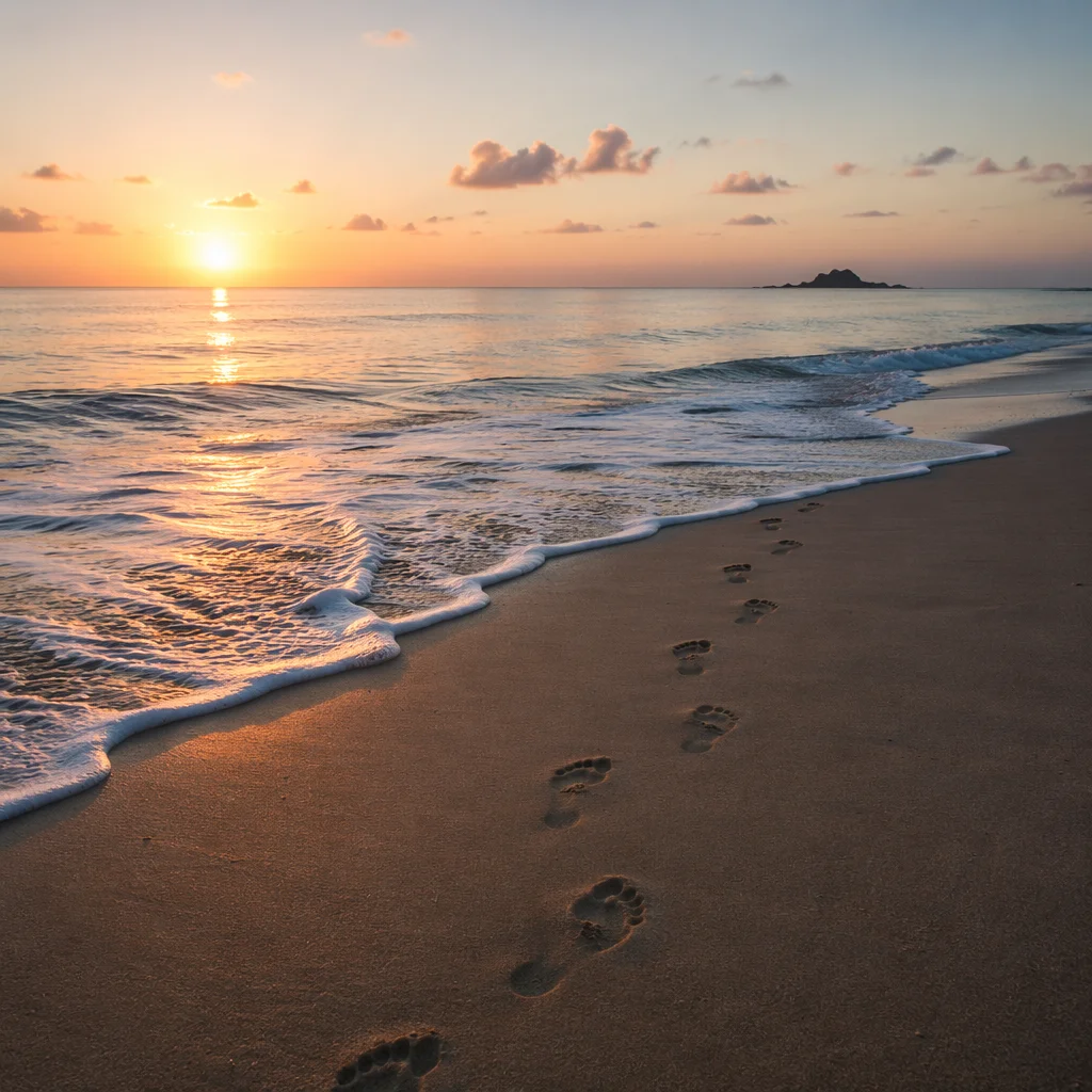 Footprints in Wet Sand at Sunrise