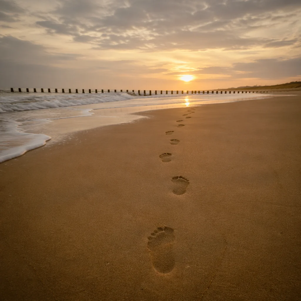 Sunrise Footprints Across a Quiet Beach