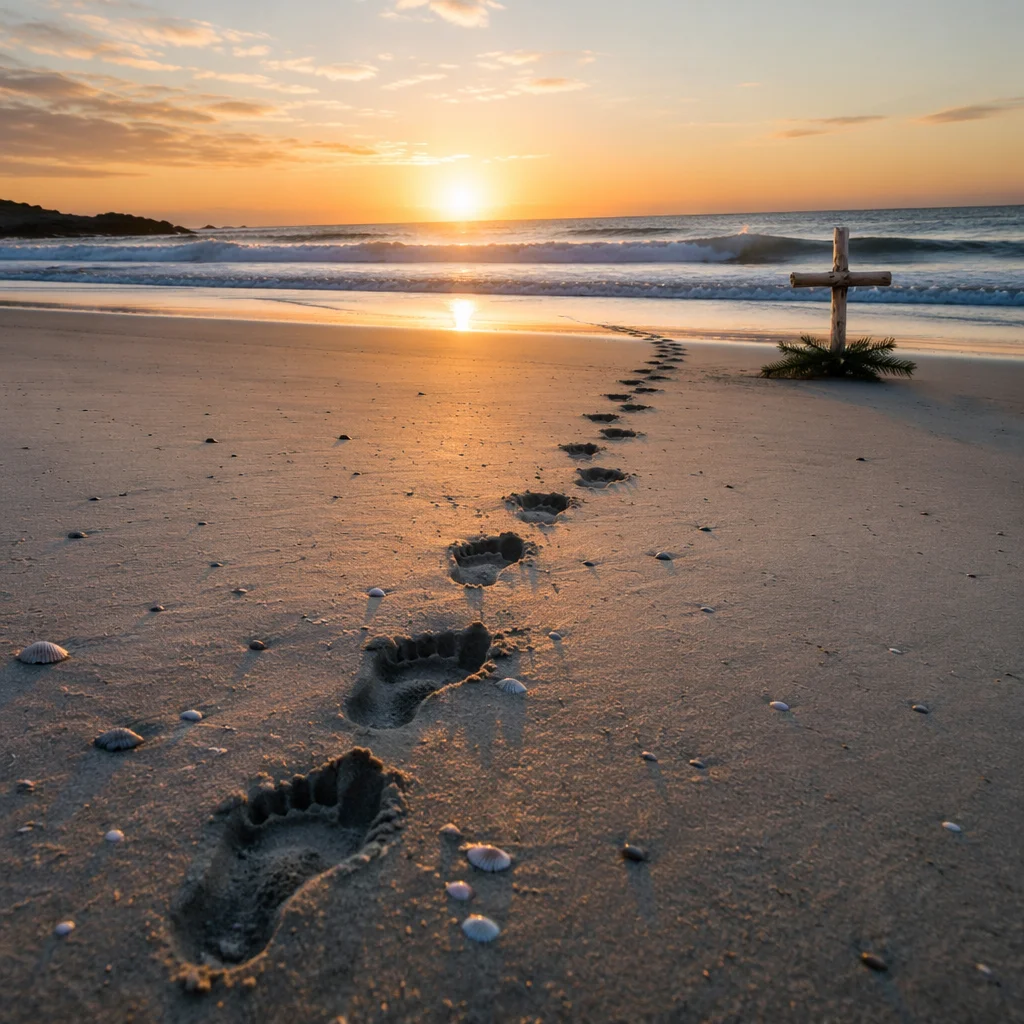 Sunrise Beach Footprints Leading to Driftwood Cross
