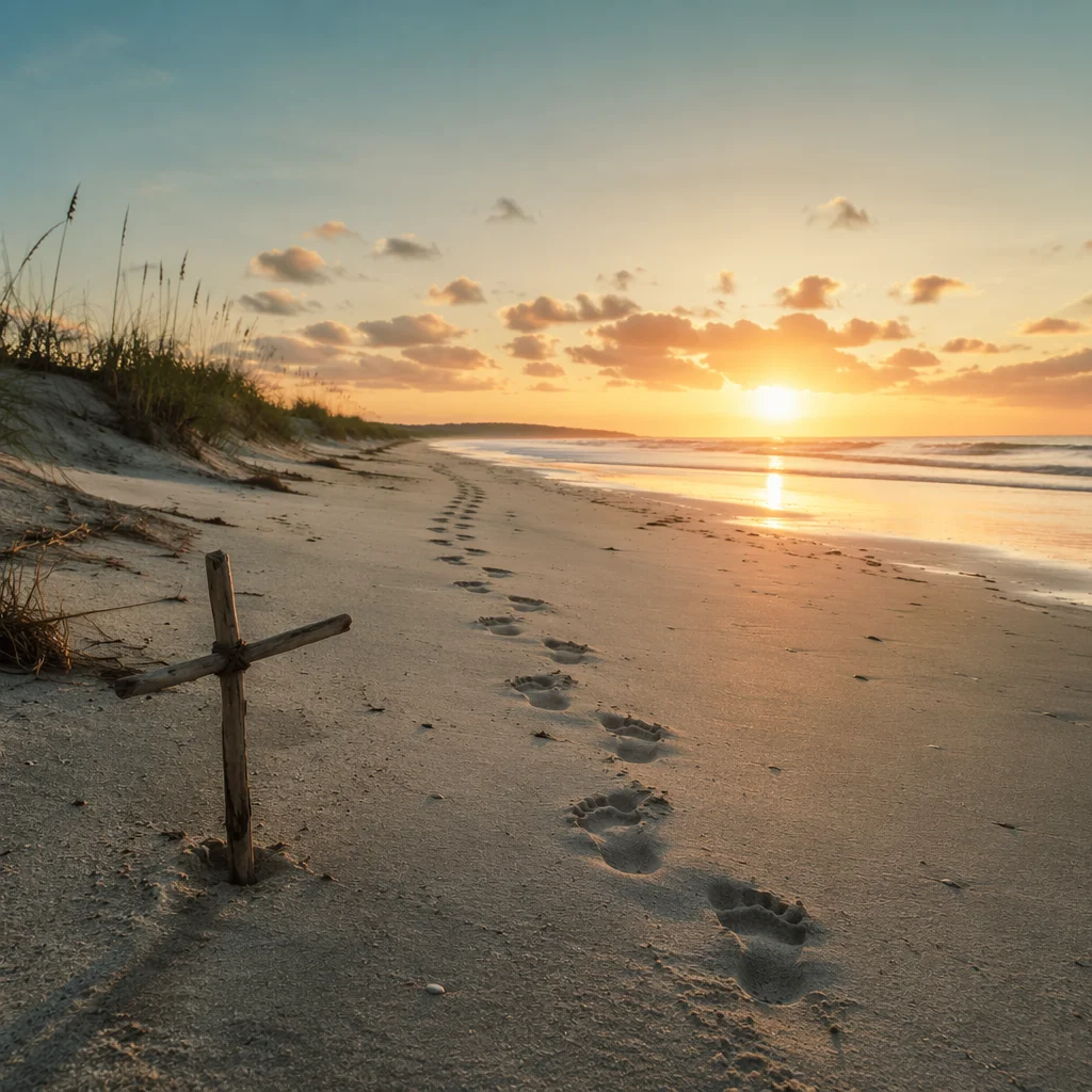 Footprints Toward Sunrise with Driftwood Cross
