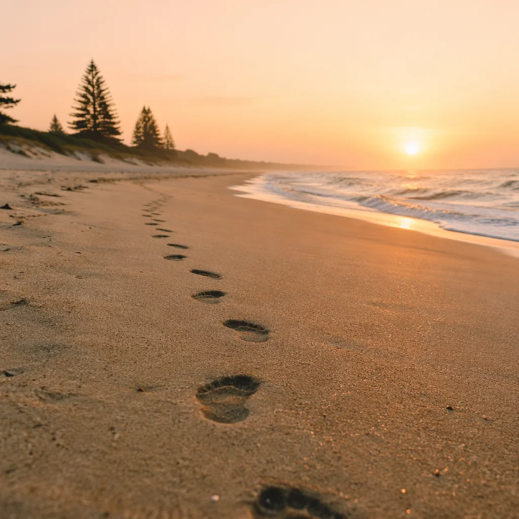 Sunrise Footprints on Quiet Sandy Beach