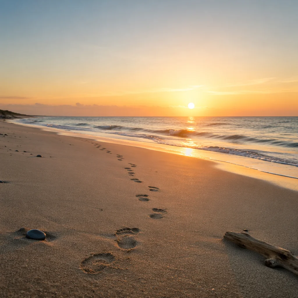 Footprints on Sandy Beach at Sunrise