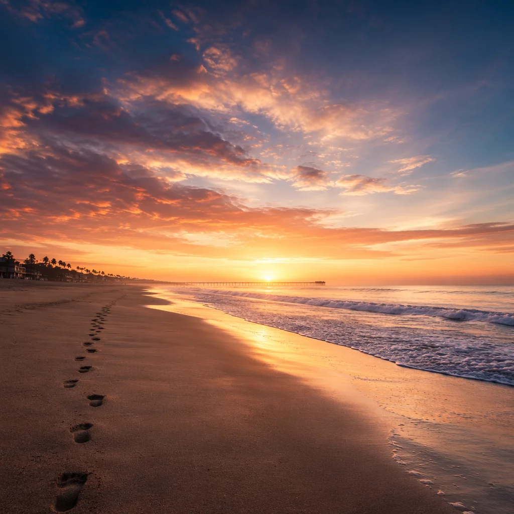 Footprints on Sandy Beach at Sunrise