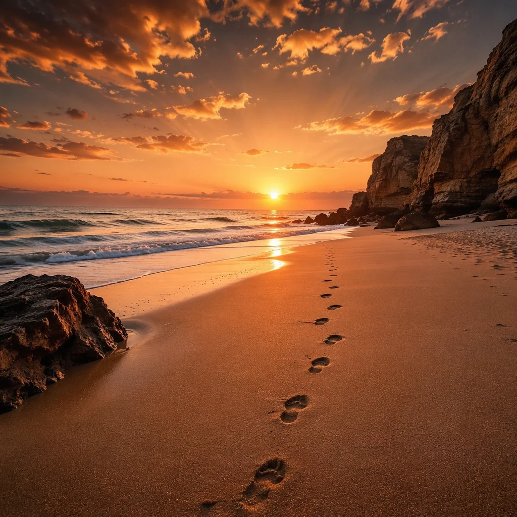 Footprints Leading to Sunrise on Quiet Beach