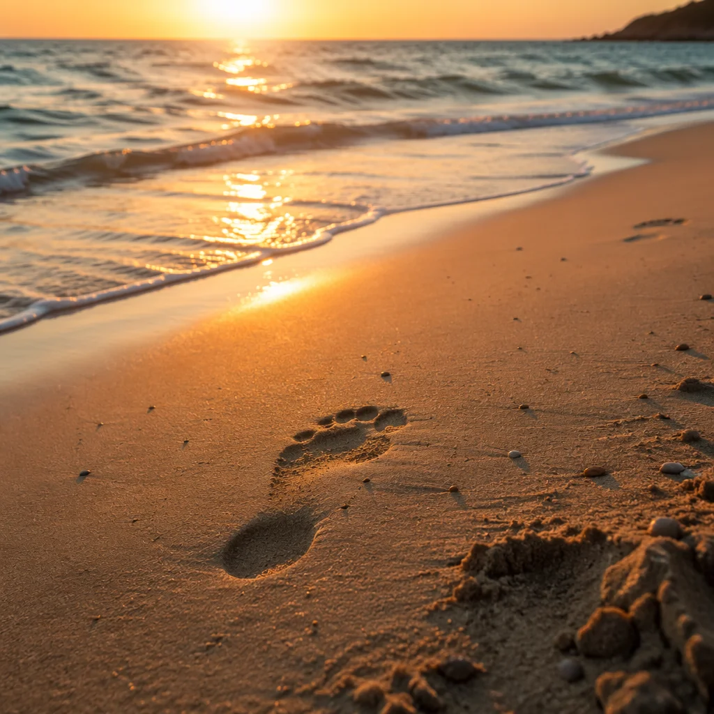 Footprints in Wet Sand at Sunrise
