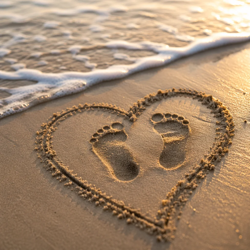 Footprints in Sand at Sunrise Heart