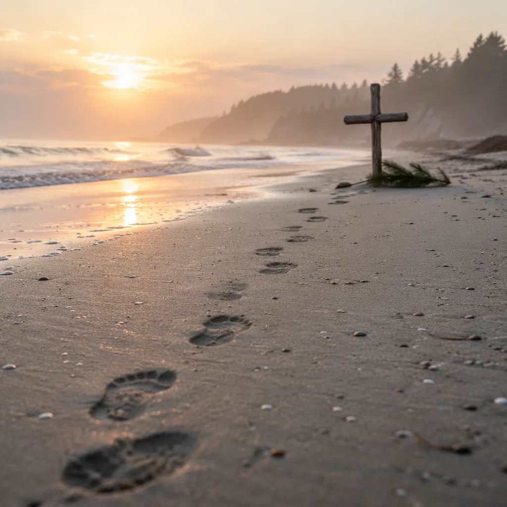 Footprints Toward Driftwood Cross at Sunrise