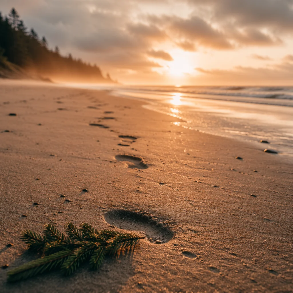 Evergreen Sprig Beside Sunrise Beach Footprints