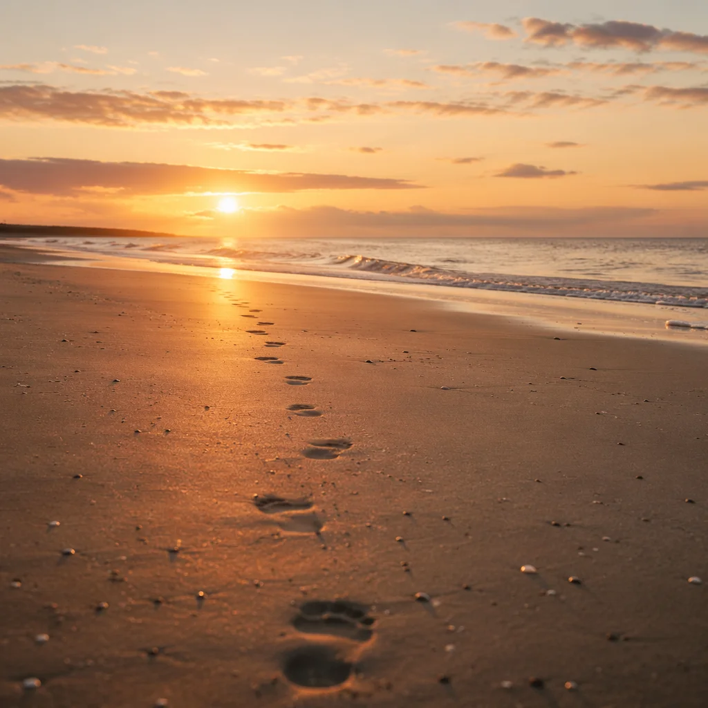 Footprints in Sand at Peaceful Sunrise