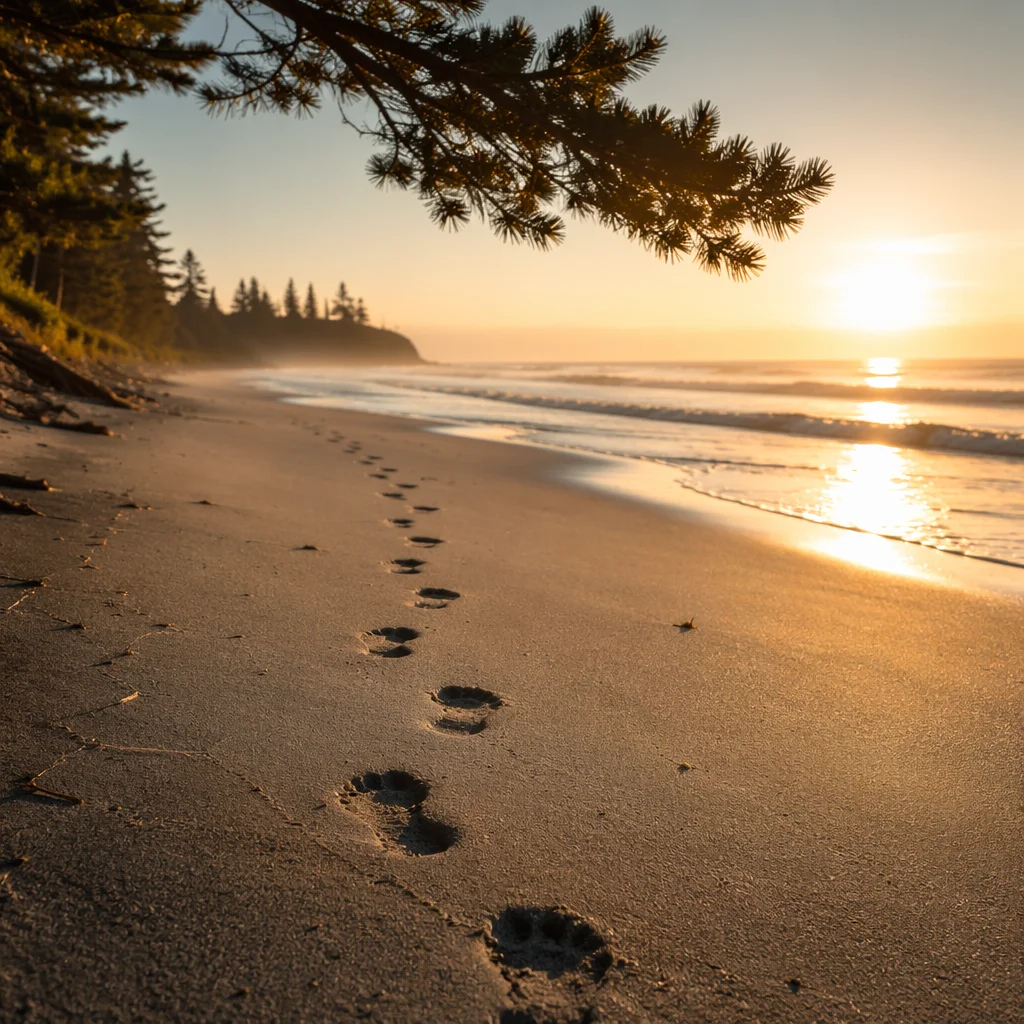 Footprints Toward a Peaceful Beach Sunrise