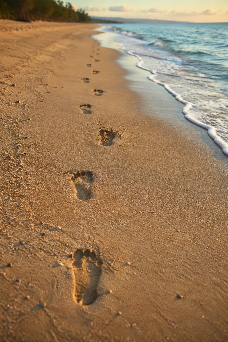 Footprints in Golden Sand at Sunrise