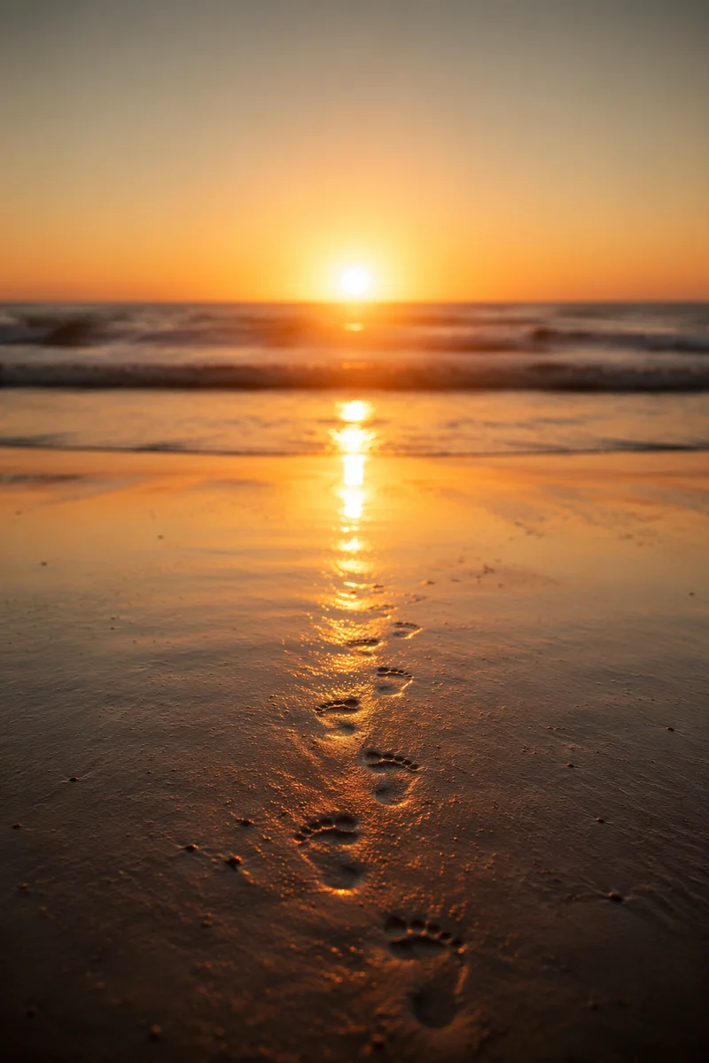 Footprints in Sand at Beach Sunrise