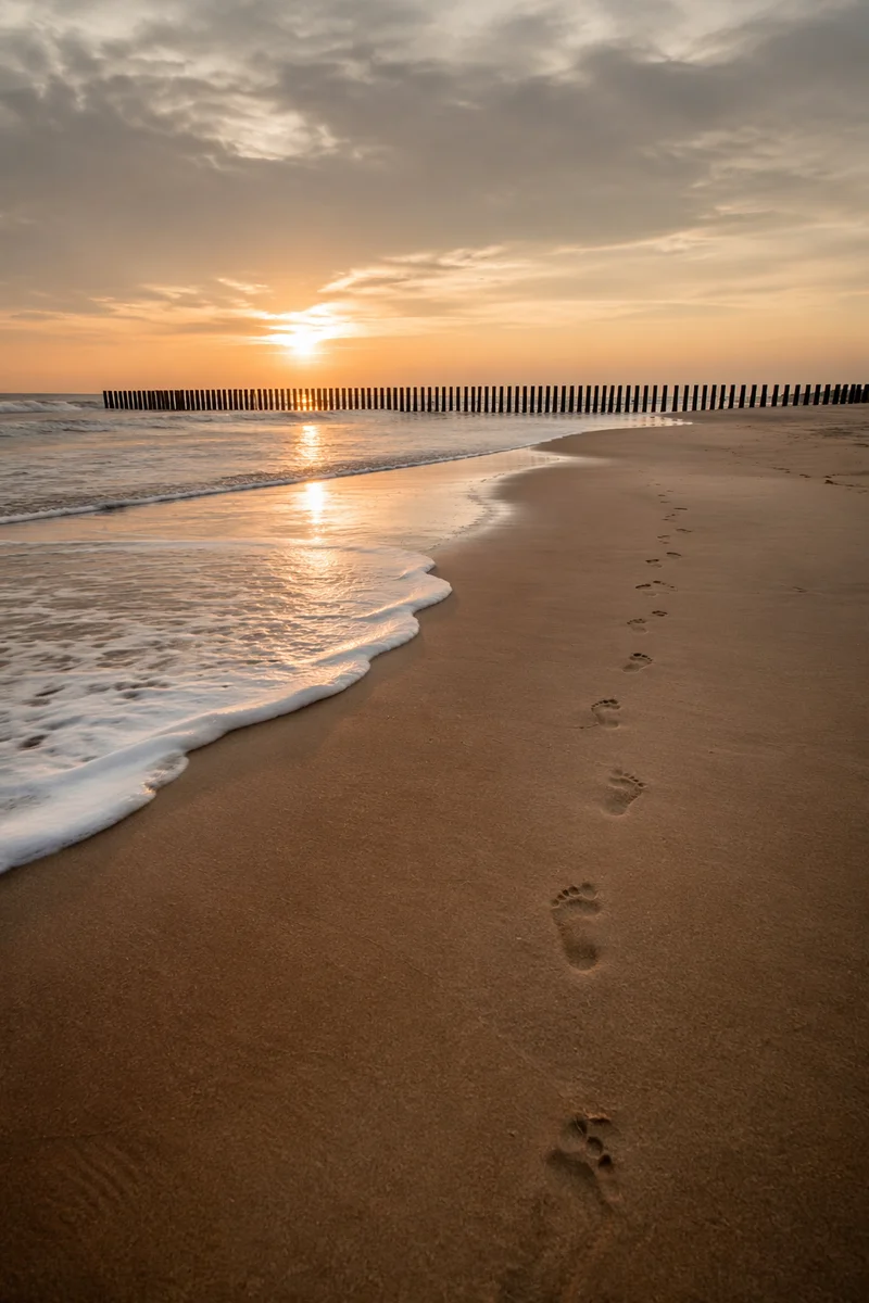 Sunrise Footprints Across Quiet Beach Sand