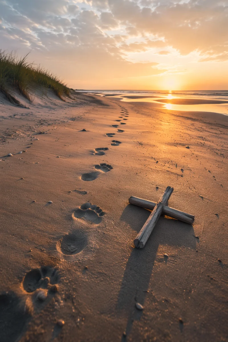Footprints Toward Sunrise with Driftwood Cross
