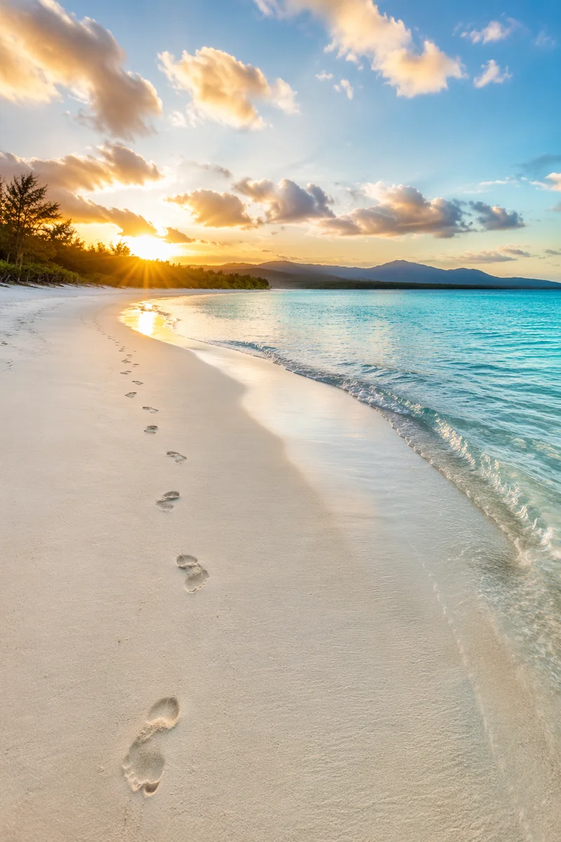 Footprints on Tropical Beach at Sunrise